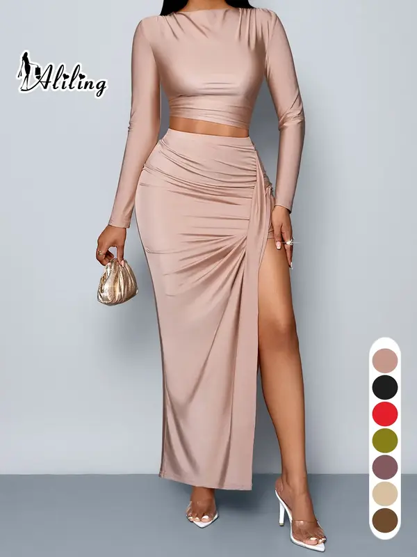 Aliling Two-Piece Set Women's Solid Long Sleeve Crop Top & Ruched Split High Waist Skirt, Elegant Fashion for Female Outdoor...