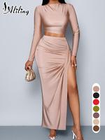 Two-Piece Set Women's Solid Crop Top & Ruched Split Thigh Skirt, Elegant Fashion Top & High Waist Skirt for Daily Outdoor We...