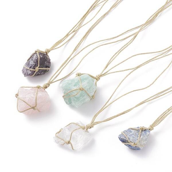 Waxed Cotton Cord Braided Natural Gemstone Rough Raw Pendant Necklace