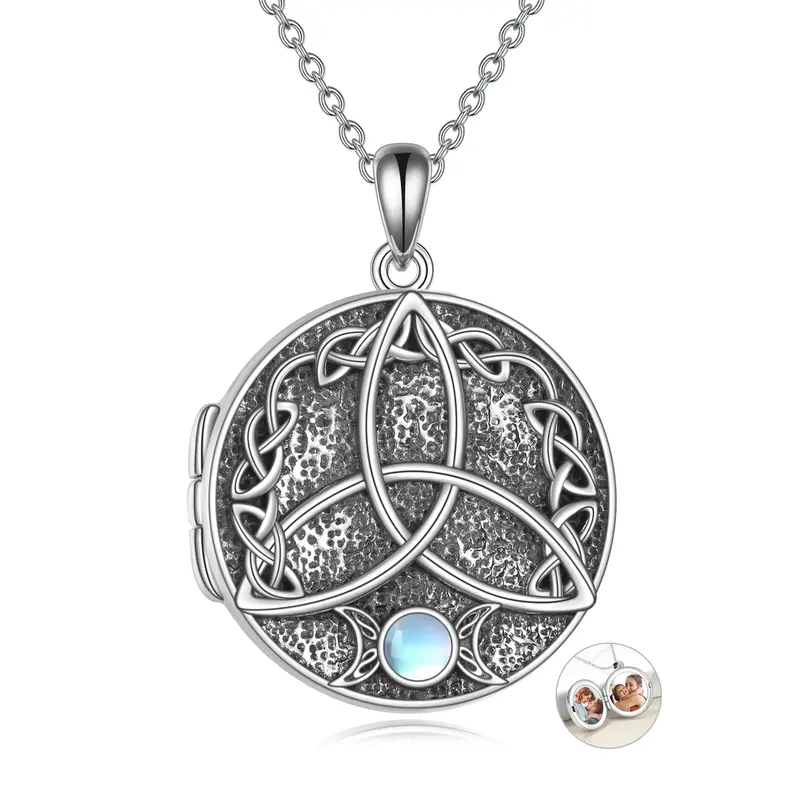 Sterling Silver Circular Shaped Moonstone Celtic Knot Personalized Photo Locket Necklace