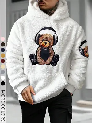 Men's Cartoon Bear Embroidery Pocket Fuzzy Hoodie, Regular Fit Casual Long Sleeve Hooded Sweatshirt for Fall & Winter, Men's ...