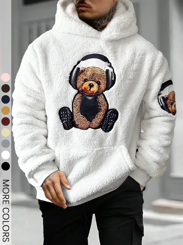 Men's Cartoon Bear Embroidery Pocket Fuzzy Hoodie, Regular Fit Casual Long Sleeve Hooded Sweatshirt for Fall & Winter, Men's ...
