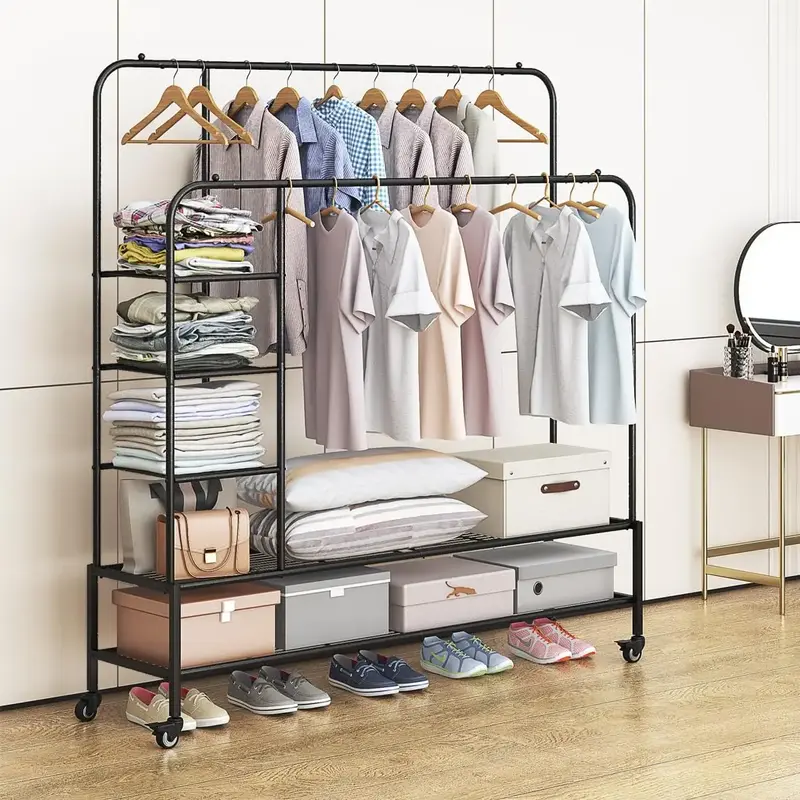 Garment Rack for Hanging Clothes Rack Heavy Duty Portable with Bottom Metal Shelf Drying Coats Shirt Laundry Room