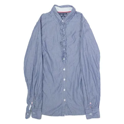 TOMMY HILFIGER Fitted Ruffle Womens Shirt Blue Striped Long Sleeve S