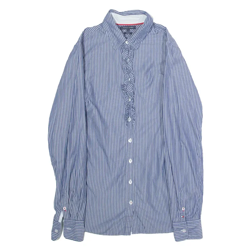 TOMMY HILFIGER Fitted Ruffle Womens Shirt Blue Striped Long Sleeve S