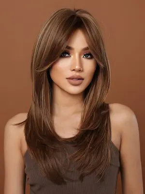 24 Inch Brown Long Straight Wigs for Women, Gorgeous Fluffy Glueless Wigs with Bangs, Synthetic Full Machine Wigs for Party, ...