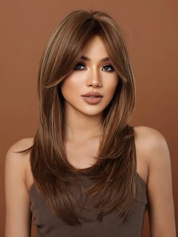 24 Inch Brown Long Straight Wigs for Women, Gorgeous Fluffy Glueless Wigs with Bangs, Synthetic Full Machine Wigs for Party, ...