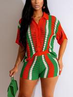 Women's Colorblock Striped Top & Shorts Two-piece Set, Tight Fitted Casual Top & Shorts Tropical Set for Summer, Ladies Cloth...