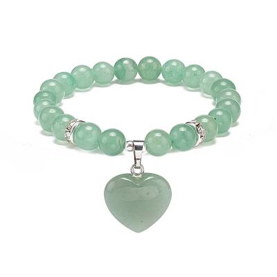 Natural Green Aventurine Round Beaded Stretch Bracelet with Heart Charm