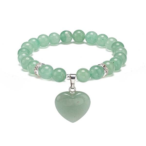 Natural Green Aventurine Round Beaded Stretch Bracelet with Heart Charm