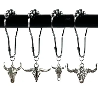 Bull Head Shower Curtain Hook, 12pcs/set Rust Resistant Shower Curtain Ring, Shower Curtain Decorative Hook for Home Bathroom...