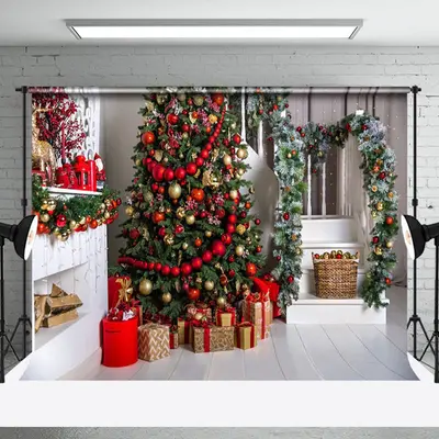 Christmas Scene Decorated Fireplace Festive Backdrop - Aperturee