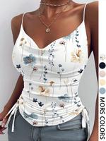 Women's Floral Print Ruched Drawstring Cami Top, Casual Spaghetti Strap Sleeveless Top for Summer, Women's Clothing for Daily...