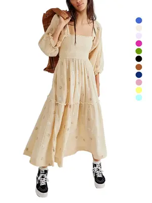 Women Bohemian Floral Dress Lantern Sleeve Square Neck Flower Embroidered Maxi Dress Flowy High Waist Long Dress