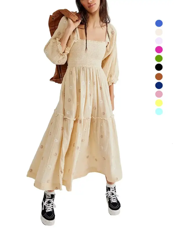 Women Bohemian Floral Dress Lantern Sleeve Square Neck Flower Embroidered Maxi Dress Flowy High Waist Long Dress