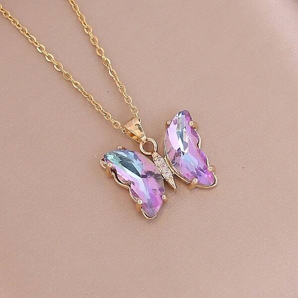 Fashionable Gradient Butterfly Alloy Glass Pendant Necklace