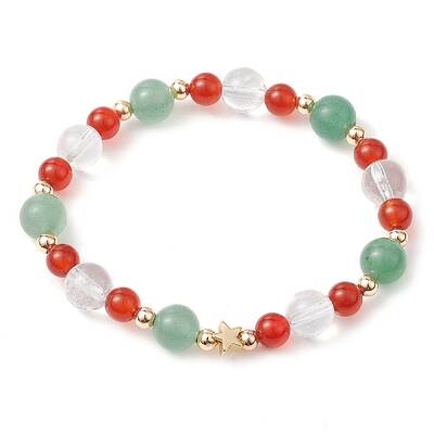 Christmas Theme Green Aventurine & Carnelian & Quartz Crystal Beaded Stretch Bracelets for Women