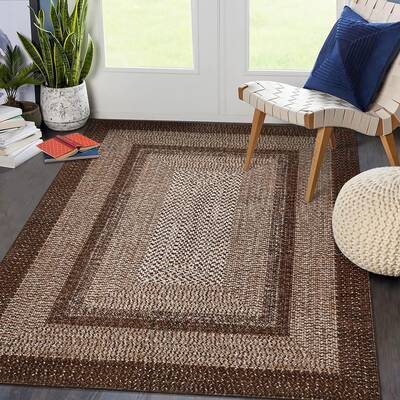 Garvee Bordered Brown 9x12 Boho Printed Washable Rug, Modern Braided Low Pile Polyester Area Rug Non-Slip Non-Shedding for Li...