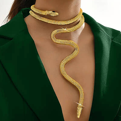 Adjustable Alloy Jet Rhinestone Snake Cuff Choker Necklaces