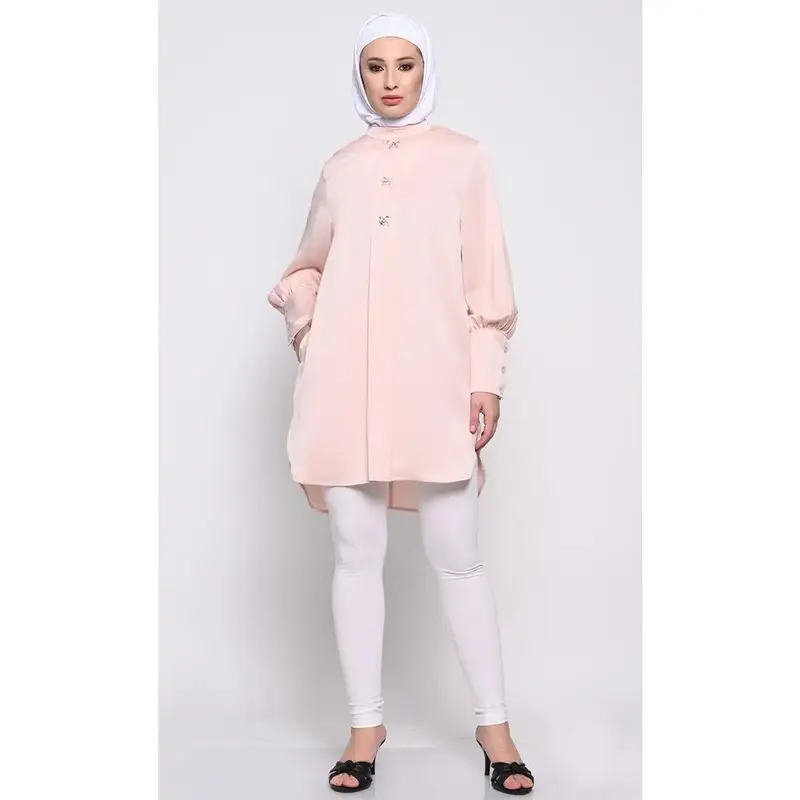 Elegant Korean Crepe Tunic with Crystal Button Embellishment