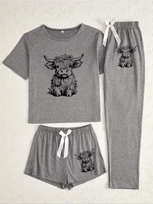 Women's Cow Print Tee & Short & Pants Pyjama Set, Casual Comfy Round Neck Short Sleeve T-shirt & Trousers Set, Ladies Sleepwe...