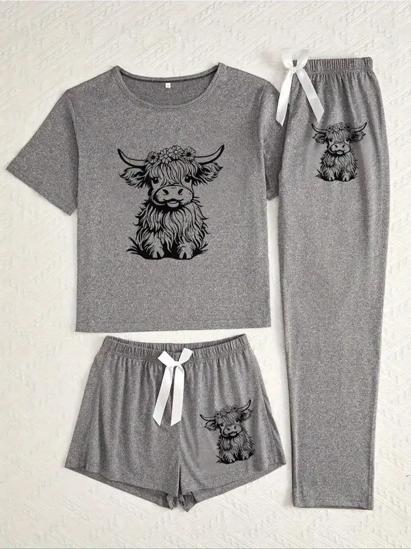 Women's Cow Print Tee & Short & Pants Pyjama Set, Casual Comfy Round Neck Short Sleeve T-shirt & Trousers Set, Ladies Sleepwe...