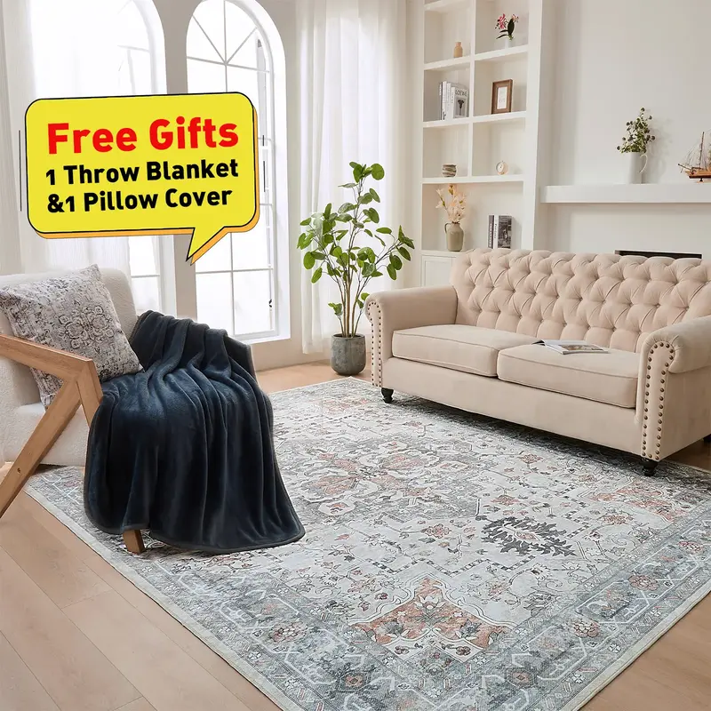 OBOEY Non Slip Area Rugs, Machine Washable Rug with 1 Throw Blanket & 1 Pillow Cover, Rugs for Living Room & Bedroom, Farmhou...