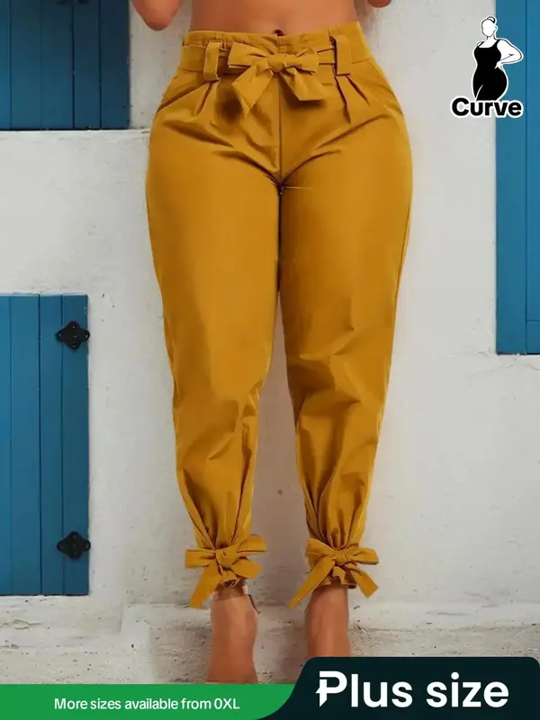 【Plus Size】 Solid Bow Front Belted Carrot Pants, Elegant Fashion Tapered Trousers, Women's Summer Bottoms for Daily Wear ...