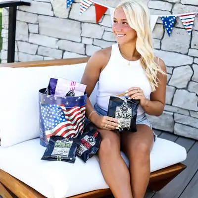 Fourth of July Tin - Pretzel Sampler Pack - 9 bags + BIRTHDAY CAKE PRETZELS + BUTTERY CARAMEL CORN