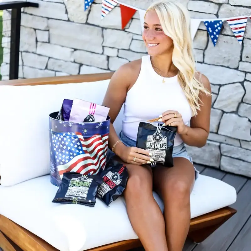 Fourth of July Tin - Pretzel Sampler Pack - 9 bags  + BIRTHDAY CAKE PRETZELS + BUTTERY CARAMEL CORN