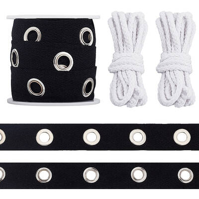 5 Yards Cotton Ribbons with Platinum Tone Iron Eyelet Rings and Cotton Thread