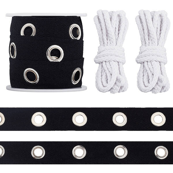 5 Yards Cotton Ribbons with Platinum Tone Iron Eyelet Rings and Cotton Thread