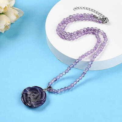 Natural Amethyst 4.5mm Round Beaded Flower Pendant Necklaces