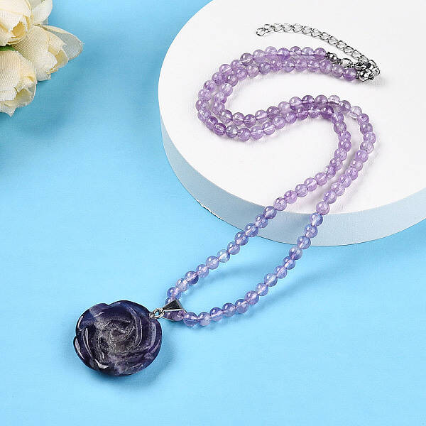 Natural Amethyst 4.5mm Round Beaded Flower Pendant Necklaces