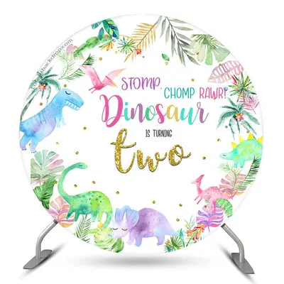 Aperturee Dinosaurs Plant Round Happy 2Nd Birthday Backdrop | Round Party Backdrop | Round Birthday Backdrop Cover | Custom C...