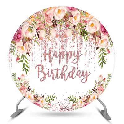Aperturee Spring Floral Rose Gold Glitter Round Birthday Backdrop | Round Backdrop Stand Covers | Circle Party Backdrop | Rou...