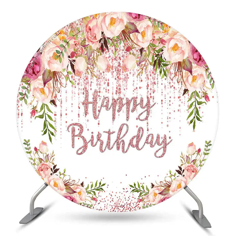 Aperturee Spring Floral Rose Gold Glitter Round Birthday Backdrop | Round Backdrop Stand Covers | Circle Party Backdrop | Rou...