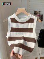 Women's Striped Round Neck Sweater Vest, Casual Sleeveless Knit Tank Top for Daily Wear, Ladies Knitwear for Fall, Crewneck W...
