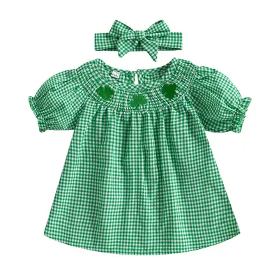 Toddler Girl St Patricks Day Outfit Baby Girls Shamrock Plaid Dress Infant Clover Round Neck Short Sleeve A-line Princess Dre...