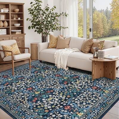 Garvee Washable Area Rug 4x6 Floral Botanical Print Soft Low Pile Faux Wool Non Slip Stain Resistant for Living Room Bedroom ...