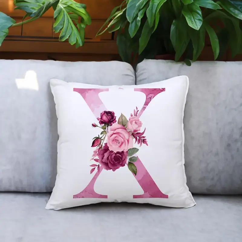Flower & Letter Pattern Pillow Case, 1 Count Home Square Decorative Cushion Cover Without Filler For Home Sofa Bed Office