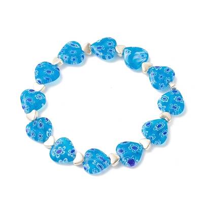 Handmade Millefiori Lampwork & Alloy Heart Beaded Stretch Bracelet