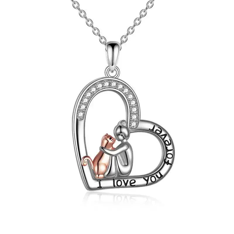 Sterling Silver Cubic Zirconia Girl & Cat Heart Pendant Necklace with Engraved Word