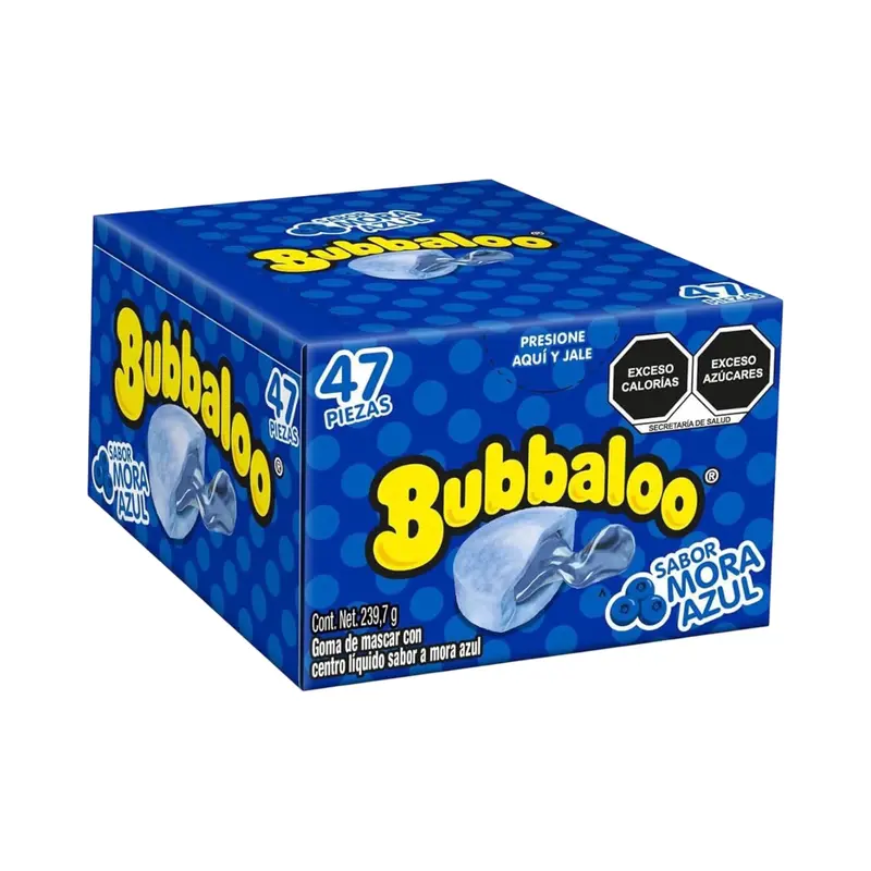 Bubbaloo Mora Azul Chewing Bubble Gum with Liquid-Filled Center, Box of 47 Pieces, Mexican Candy, Dulces Mexicanos Snack Flav...