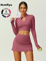 Women's Solid Color Sportswear Set with Long Sleeves and Half Zippers Tight Fitting Yoga Suit for All Seasons Outdoor Running...
