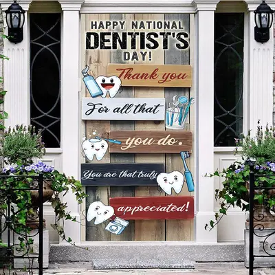 Aperturee Wood Grain Thank You Happy Dentists Day Door Cover, 30x80 Inch, 28.48 USD, party door covers, XQMZ1X26-A