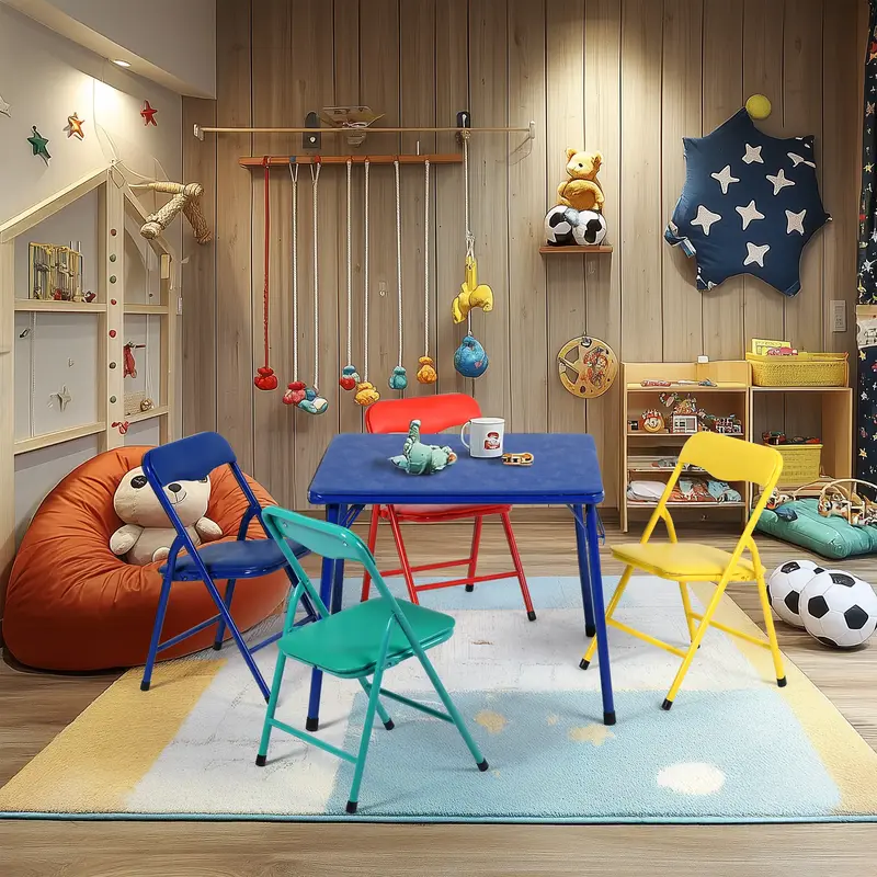 Homy Casa Foldable Kids Table and Chairs Set 5-Piece - Blue Table & Colorful Chairs for Arts Crafts Snacks Learning Daycare P...