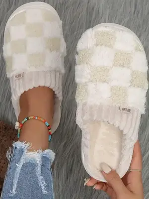 Women's Plain Plaid Pattern Plush Slippers, Casual Soft Comfortable Home Slippers, Warm Slippers for Indoor & Outdoor Use for...