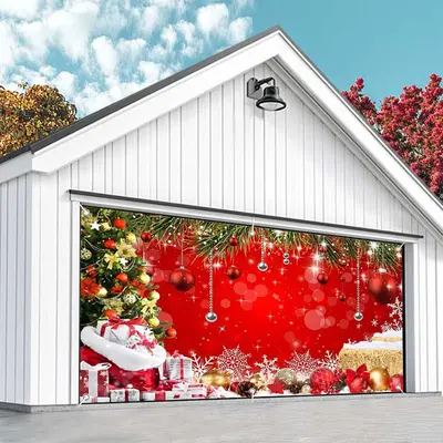 Aperturee Pine Tree Leaves Stacks Red Xmas Garage Door Banner