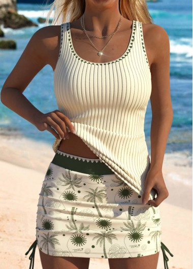 Modlily Mid Waisted Tropical Plants Print Beige Tankini Set - L